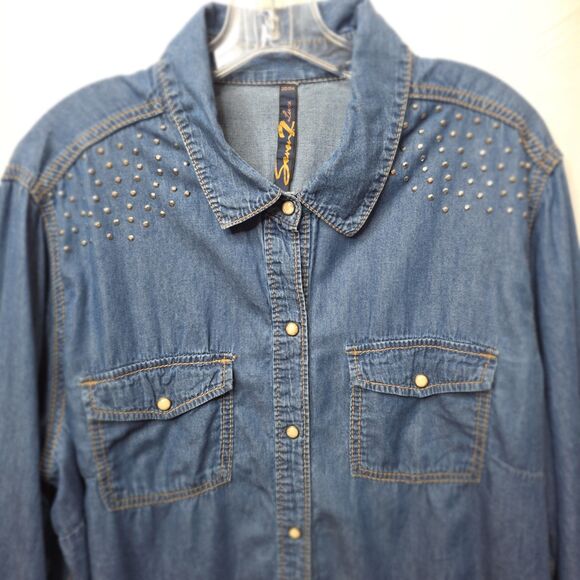 Seven for All Mankind Womens Denim Shirt Embellished Long Slv Snap Front 22/24 - Picture 3 of 15